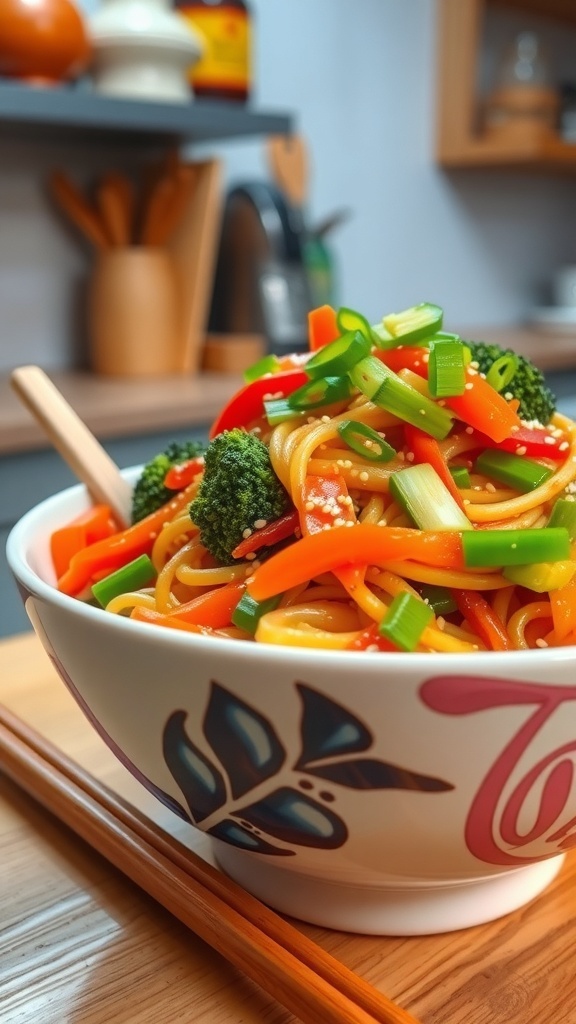 A colorful bowl of stir-fried noodles with vegetables, garnished with green onions and sesame seeds.